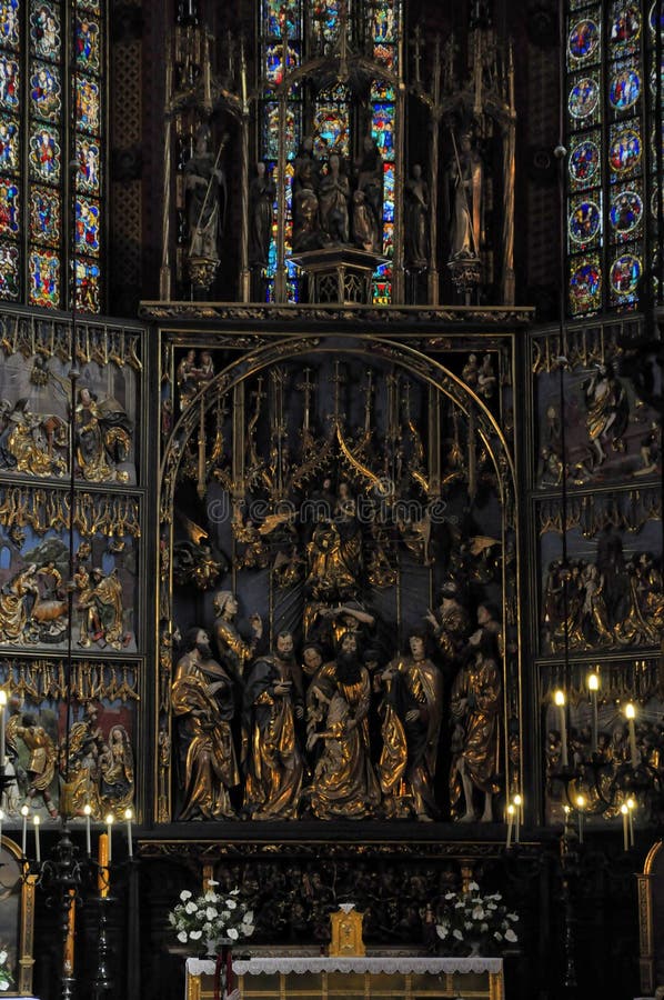 Ceiling in the Mariacki church in Krakow with magnificent decorations - Stained Glass. Poland