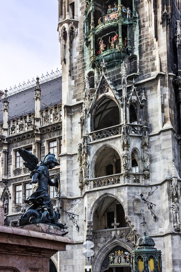Marienplatz, clock tower, Munich, Germany. Town Hall building stock image