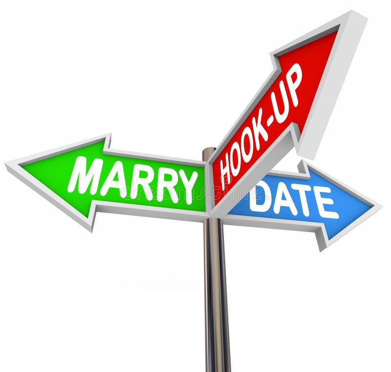 Marry, Date and Hook Up words on three arrow signs to illustrate choice or goals in relationship and meeting new people or partners. Marry, Date and Hook Up words on three arrow signs to illustrate choice or goals in relationship and meeting new people or partners