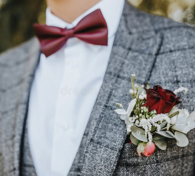 Marié Dans Un Costume Avec Un Mariage Boutonniere De Fleurs Et Un Noeud  Papillon Rouge Dans La Nature Image stock - Image du boutonnière, fleur:  212477287