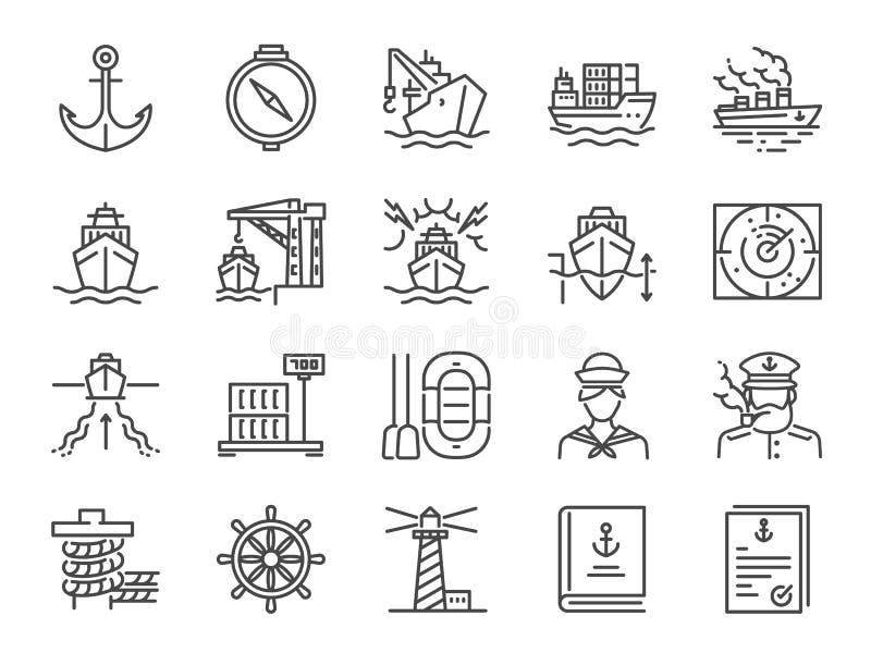 Marin- portsymbolsuppsättning Inklusive symboler som havsfraktservice, skeppet, sändnings, last, behållaren och mer royaltyfri illustrationer Marin- portsymbolsuppsättning Inklusive symboler som havsfraktservice, skeppet, sändnings, last, behållaren och mer royaltyfri illustrationer