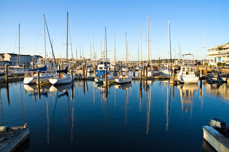 A view of a popular seacoast marina in the first light of dawn. Newport Harbor, Newport, Rhode Island. A view of a popular seacoast marina in the first light of dawn. Newport Harbor, Newport, Rhode Island
