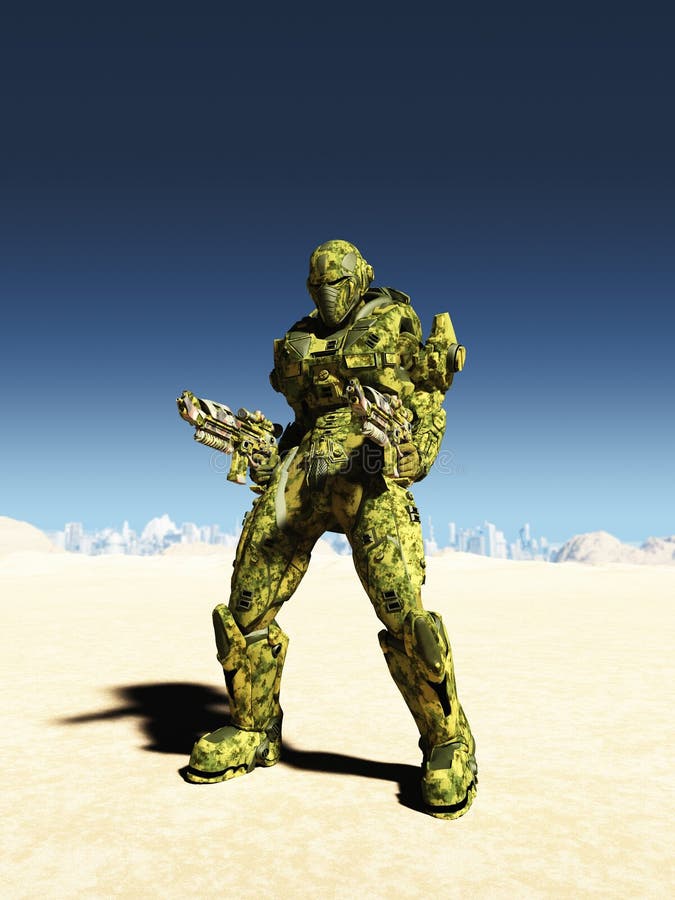 Science fiction space marine with two guns in a desert landscape with distant futuristic city, 3d digitally rendered illustration. Science fiction space marine with two guns in a desert landscape with distant futuristic city, 3d digitally rendered illustration