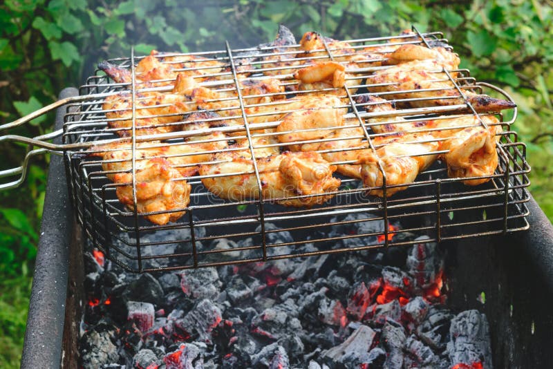 Marinated Chicken Wings Preparing on a Bonfire Charcoal in Nature at