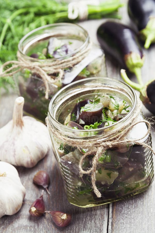 Marinated eggplant in jars stock photo. Image of table 58316936