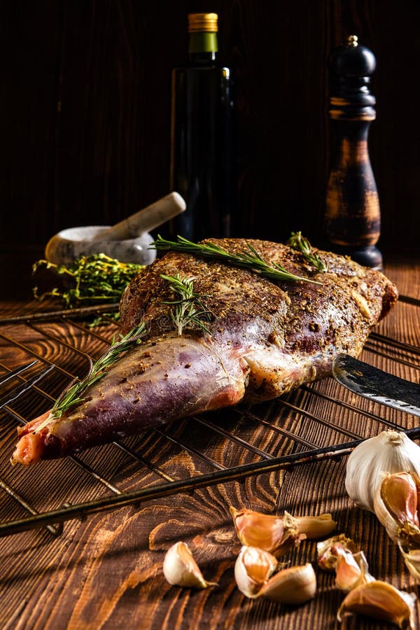 Marinated Lamb Leg with Spice and Herbs, Olive Oil and Garlic Stock