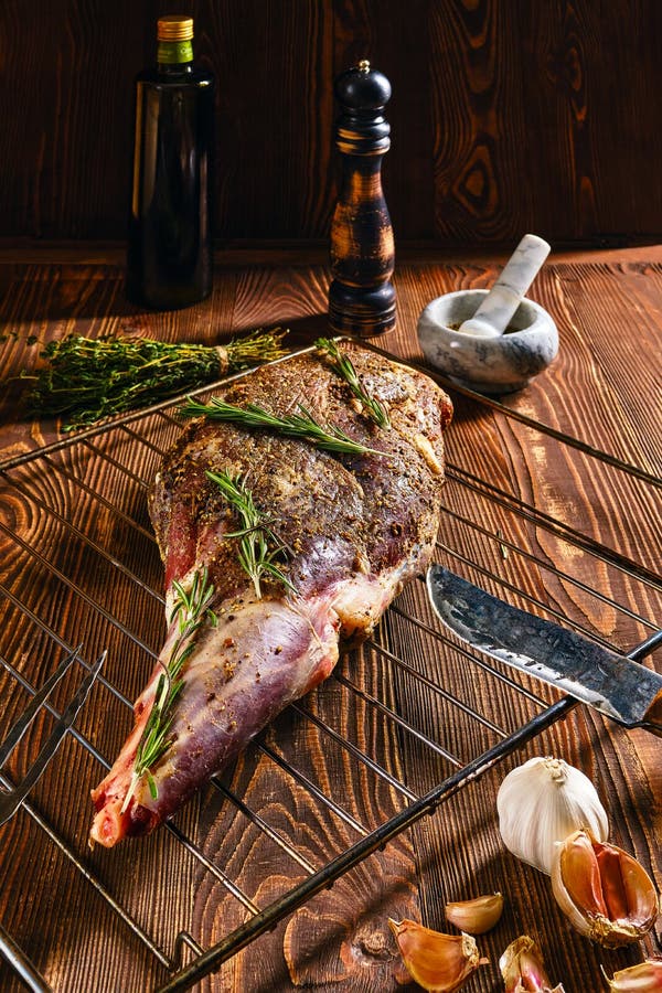 Marinated Lamb Leg with Spice and Herbs, Olive Oil and Garlic Stock