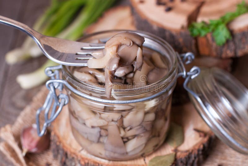 Marinated mushrooms in the pot on a fork royalty free stock images