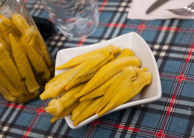 Marinated Okra Pods Served on Plate Stock Photo Image of table, spice 249834232