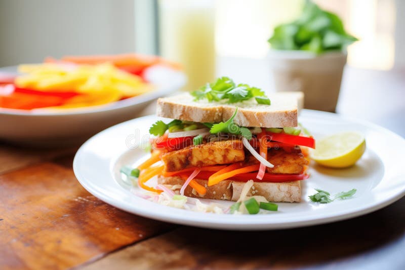 Marinated Tempeh Sandwich with Bell Peppers and Onions Stock Image