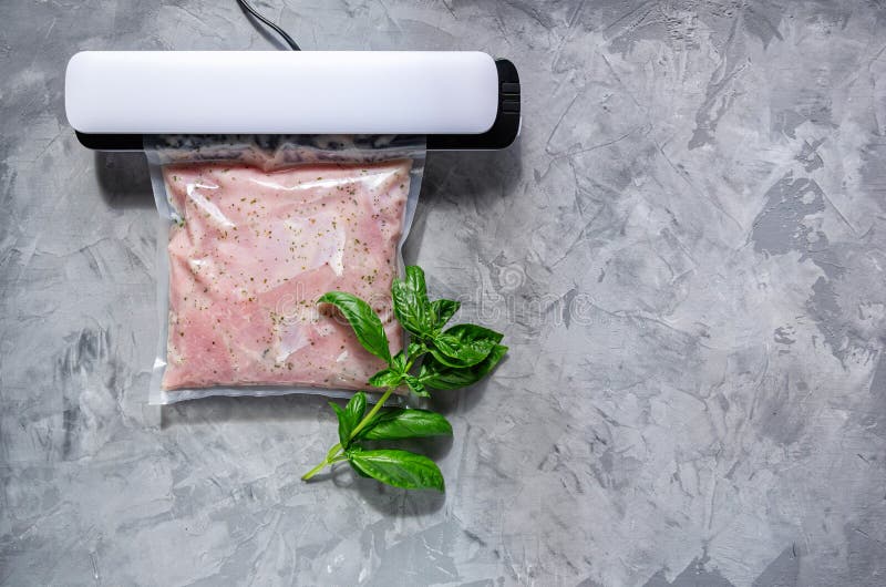 Marinating Meat Using Technology Sous Vide in a Vacuum Bag Stock Photo