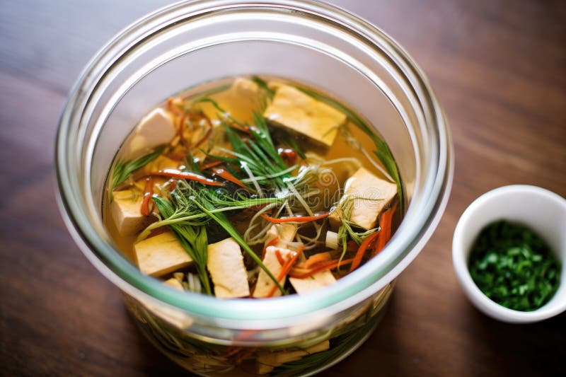 Marinating Tofu in a Glass Dish with Stir-fry Sauce and Herbs Stock