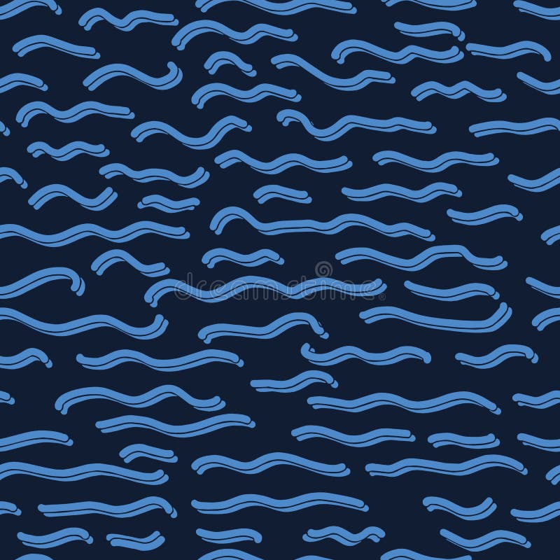 Navy blue ocean waves seamless vector pattern. Hand drawn seaside beach water tile. Wavy aqua all over print for seafaring blog,. Wavy aqua all over print for blog, nautical textiles, maritime home decor. Wet lake, river, sea fabric.