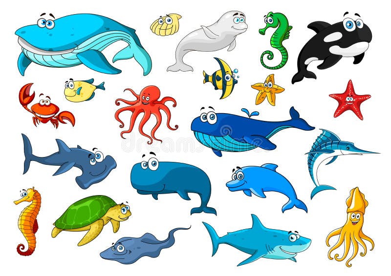 Marine animal cartoon icon set