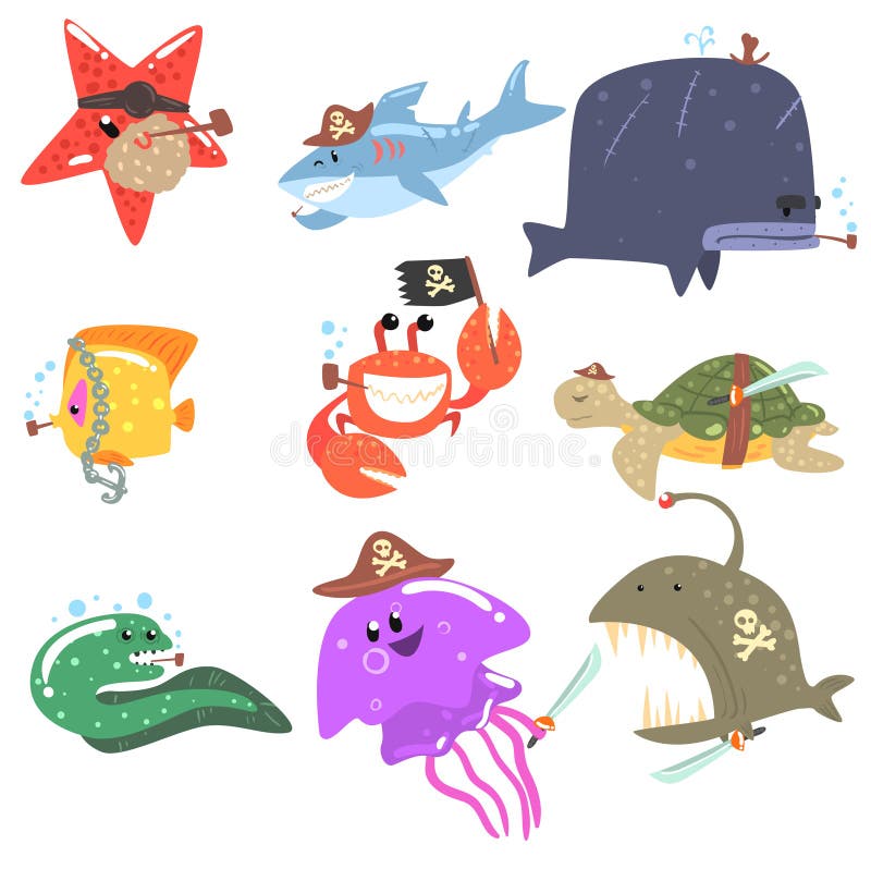 Marine Animals And Underwater Wildlife avec des accessoires de pirate et attributs réglés des personnages de dessin animé comique illustration libre de droits Marine Animals And Underwater Wildlife avec des accessoires de pirate et attributs réglés des personnages de dessin animé comique illustration libre de droits