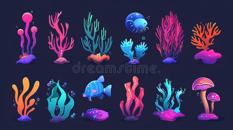 Marine aquatic tropical world vibrant seaweed and corals, fish and jellyfish, coral reefs and coral reefs for sea bottom design. Cartoon modern set.. AI generated. Marine aquatic tropical world vibrant seaweed and corals, fish and jellyfish, coral reefs and coral reefs for sea bottom design. Cartoon modern set.. AI generated