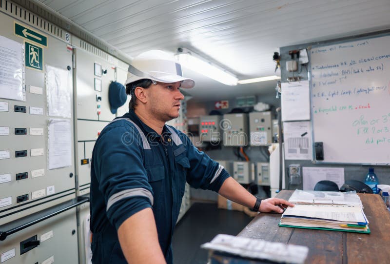 Marine Engineer Officer in Engine Control Room ECR Stock Photo Image