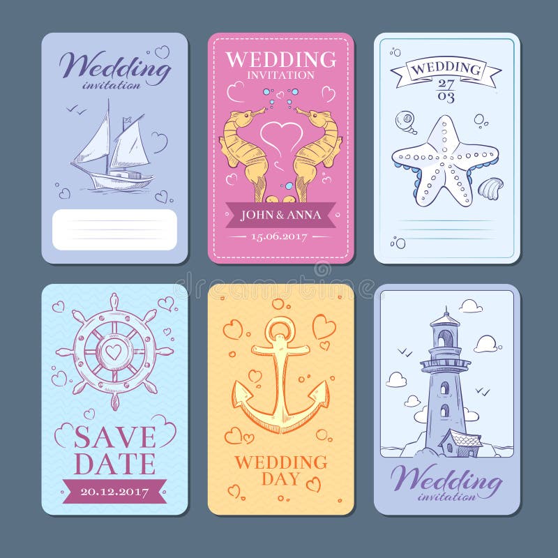 Marine, geplaatste de uitnodigingskaarten van het zeereis vectorhuwelijk royalty-vrije illustratie Marine, geplaatste de uitnodigingskaarten van het zeereis vectorhuwelijk royalty-vrije illustratie