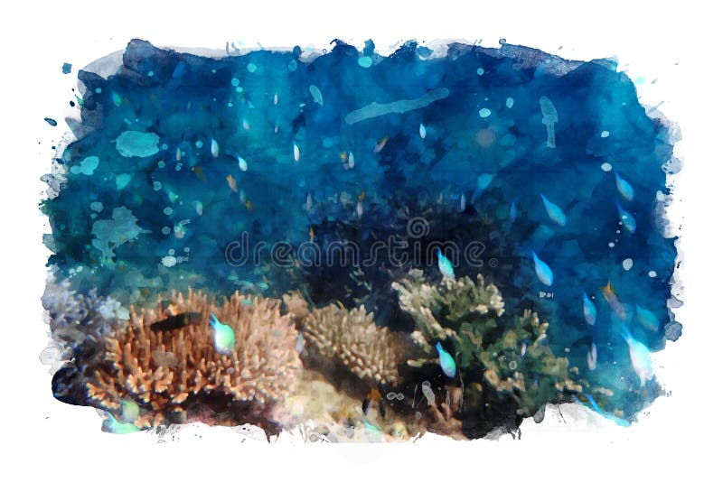 Marine life under sea water, colorful small fish with corals, mixed media of photo and watercolor