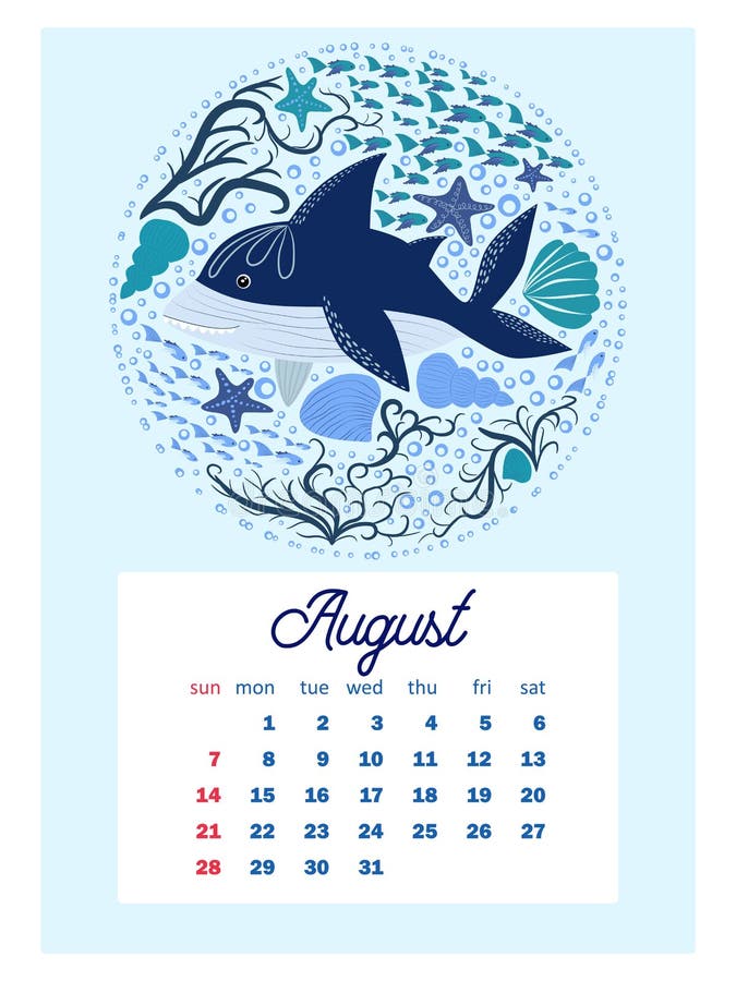 Shark Week Calendar 2022 Marine Life. Wall Calendar Design Template For 2022, A4 Format. Week Starts  On Sunday. Whale, Mermaid, Snail, Shark Stock Vector - Illustration Of  Turtle, 2022: 225346065