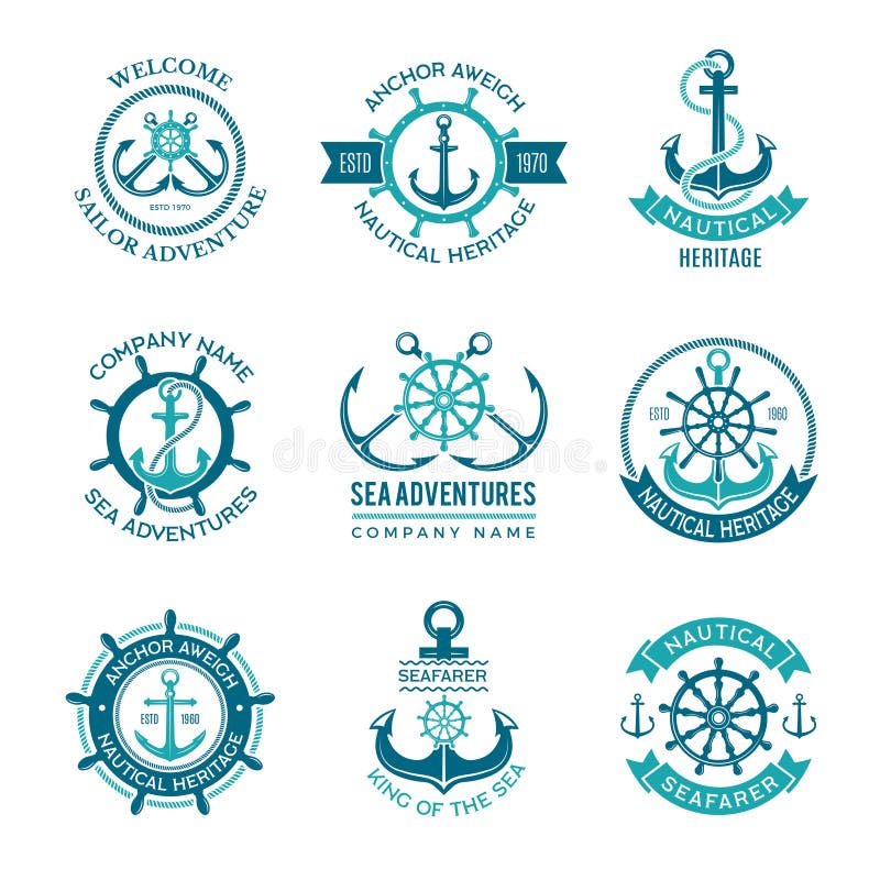 Marine Logo Nautiskt vektoremblem med skeppankaren och styrninghjul Monokromma symboler för kryssningfartygsjöman för