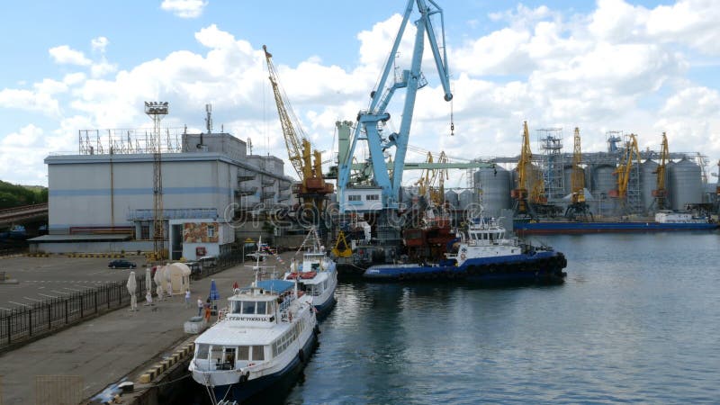 Marine port cranes, and industrial zone in cargo front of Odessa sea commercial port in Ukraine.