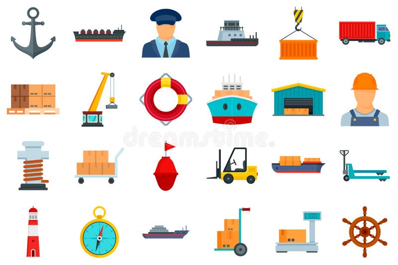 Marine port icons set, flat style