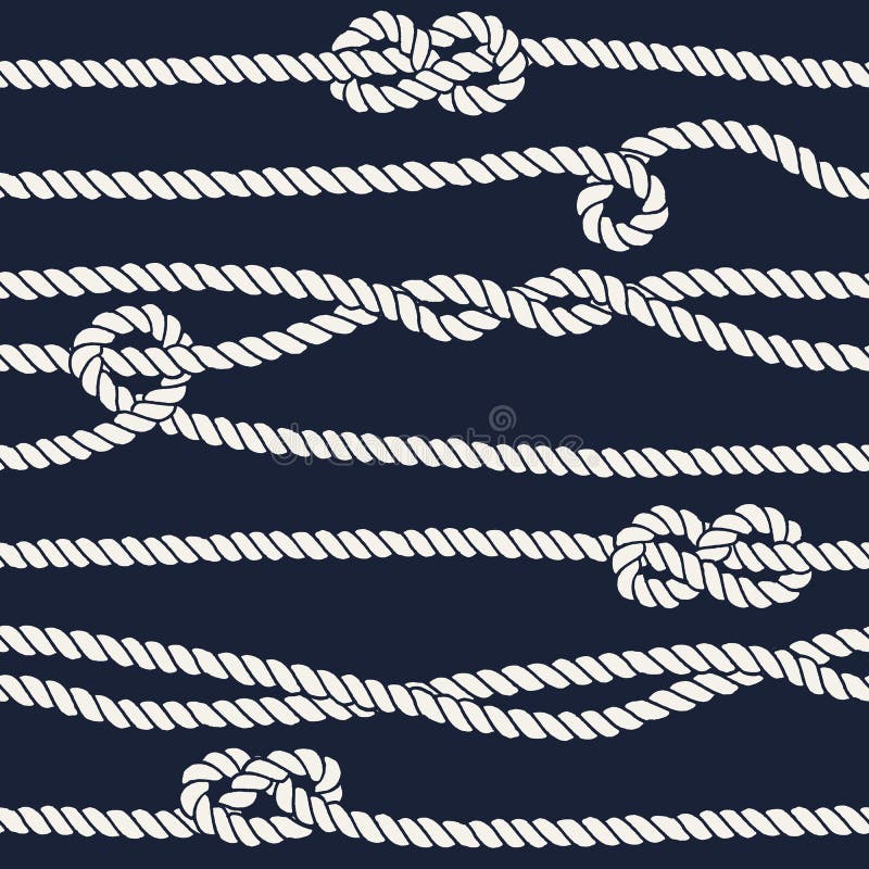 Marine rope knot seamless pattern. Endless navy illustration with white rope ornament and nautical knots on dark background. For fabric, wallpaper, wrapping. Figure 8, overhand and half knots.