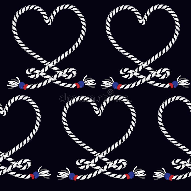 Marine rope knot seamless pattern. Endless navy illustration with heart rope ornament and nautical knots on navy blue background. For fashion fabric, wallpaper,and all prints