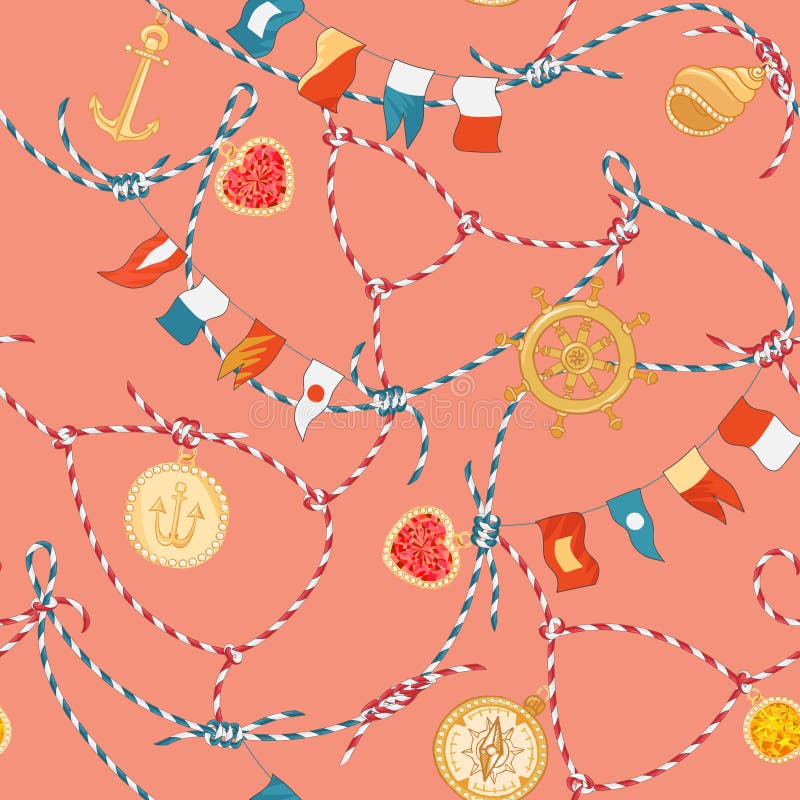 Marine Seamless Pattern met Kabelknoop en Halfedelstenen Zeevaartstoffenachtergrond met het Ornament en de Diamanten van de Lijnm vector illustratie Marine Seamless Pattern met Kabelknoop en Halfedelstenen Zeevaartstoffenachtergrond met het Ornament en de Diamanten van de Lijnm vector illustratie