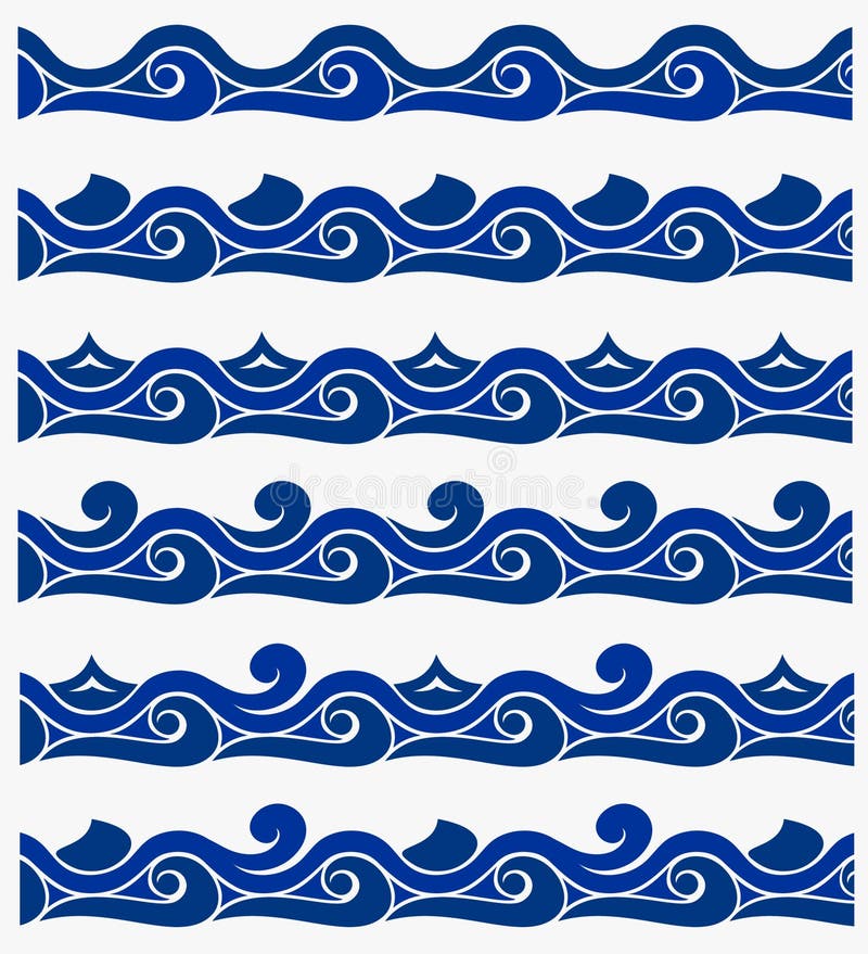 Marine seamless pattern with stylized blue waves on a light background. Water Wave sea ocean abstract vector design art