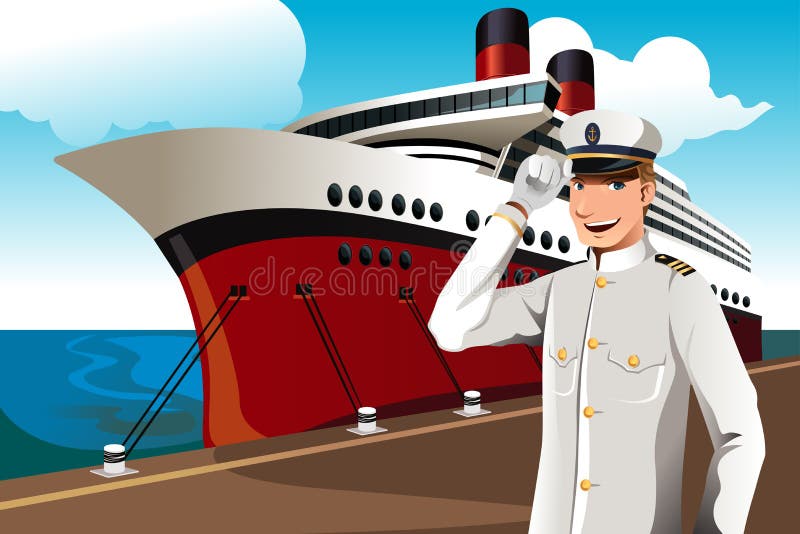 A vector illustration of a sailor in front of a big ship parked at the harbor. A vector illustration of a sailor in front of a big ship parked at the harbor