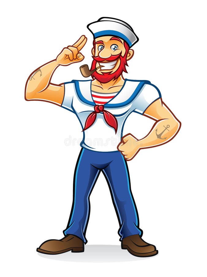 Bearded sailor with a pipe in his mouth stand up and salute proudly. Bearded sailor with a pipe in his mouth stand up and salute proudly