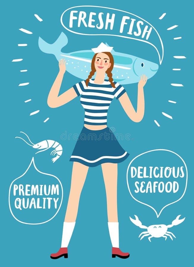 Marinheiro da menina que guarda um peixe grande ilustração royalty free Marinheiro da menina que guarda um peixe grande ilustração royalty free