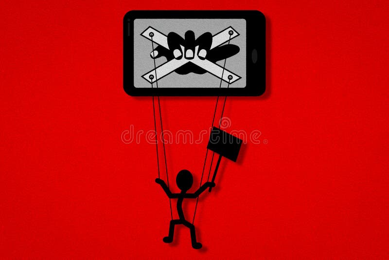 Puppet on strings being manipulated by a hand on a smart phone, social media influence concept illustration. Puppet on strings being manipulated by a hand on a smart phone, social media influence concept illustration