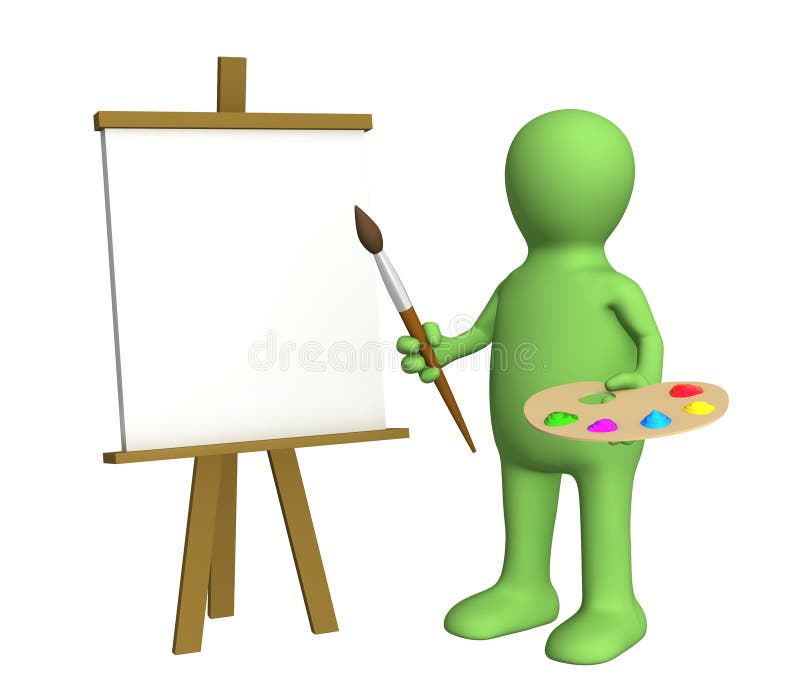 Marionnette d'artiste avec un balai et des peintures illustration stock Marionnette d'artiste avec un balai et des peintures illustration stock