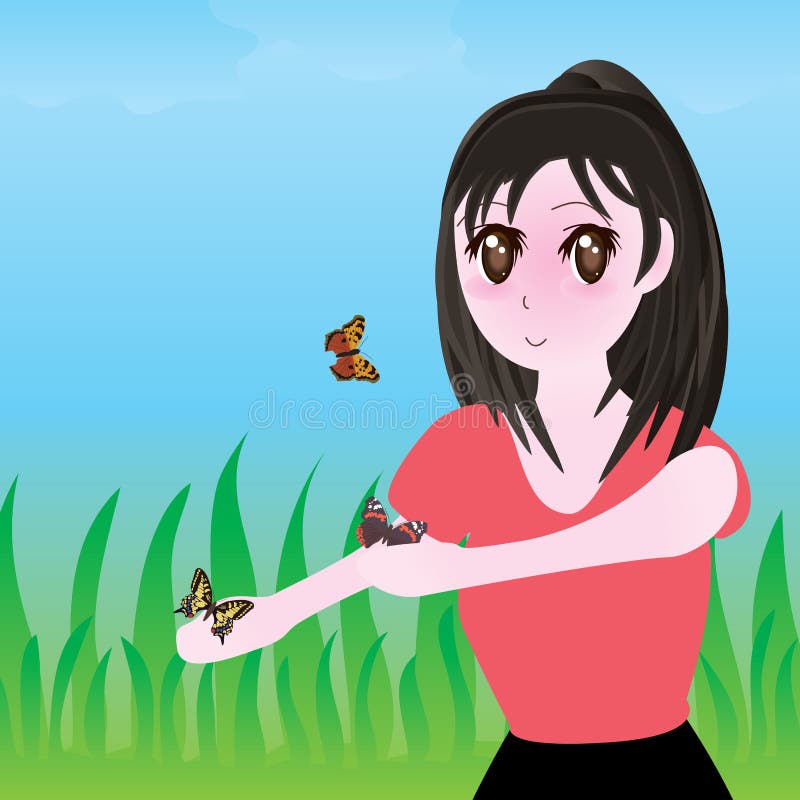 Mariposa feliz del manga de la muchacha stock de ilustración Mariposa feliz del manga de la muchacha stock de ilustración