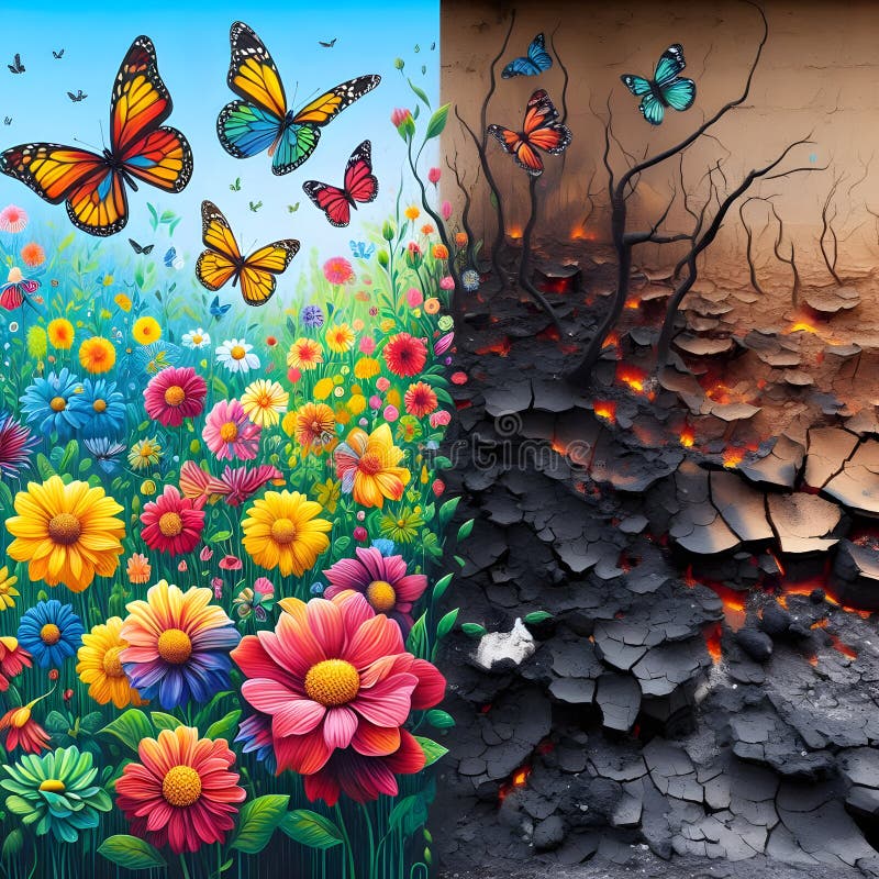 Mariposas volando sobre flores de colores y un campo quemado que representa el cambio climático. Flores y mariposas de colores contrastan con el campo quemado en la alegación del cambio climático