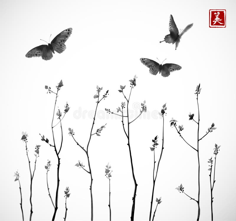 Mariposas y ramas de árbol grandes con las hojas frescas en el fondo blanco Sumi-e oriental tradicional de la pintura de la tinta stock de ilustración Mariposas y ramas de árbol grandes con las hojas frescas en el fondo blanco Sumi-e oriental tradicional de la pintura de la tinta stock de ilustración