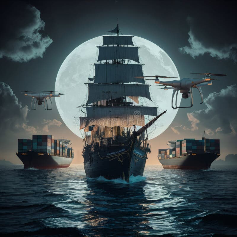 'A ghostly pirate ship of the digital age prowling container vessels on a moonlit sea, equipped with drones instead of sails. royalty free stock image
