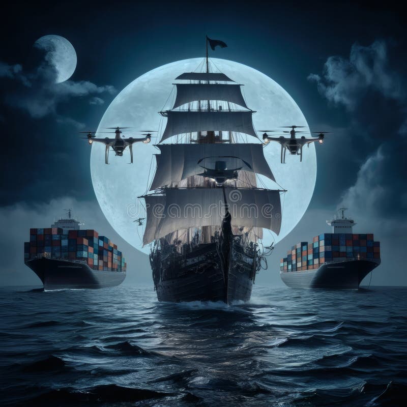 A ghostly pirate ship of the digital age prowling container vessels on a moonlit sea, equipped with drones instead of sails. stock photo