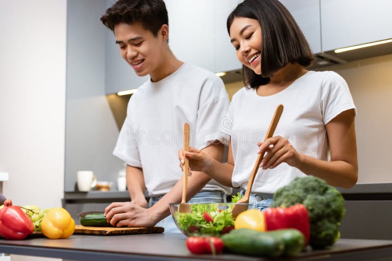 Marito in Cucina: Un'insalata Per Cucinare E La Moglie Prepara La Cena  Fotografia Stock - Immagine di pranzo, pasto: 202273348