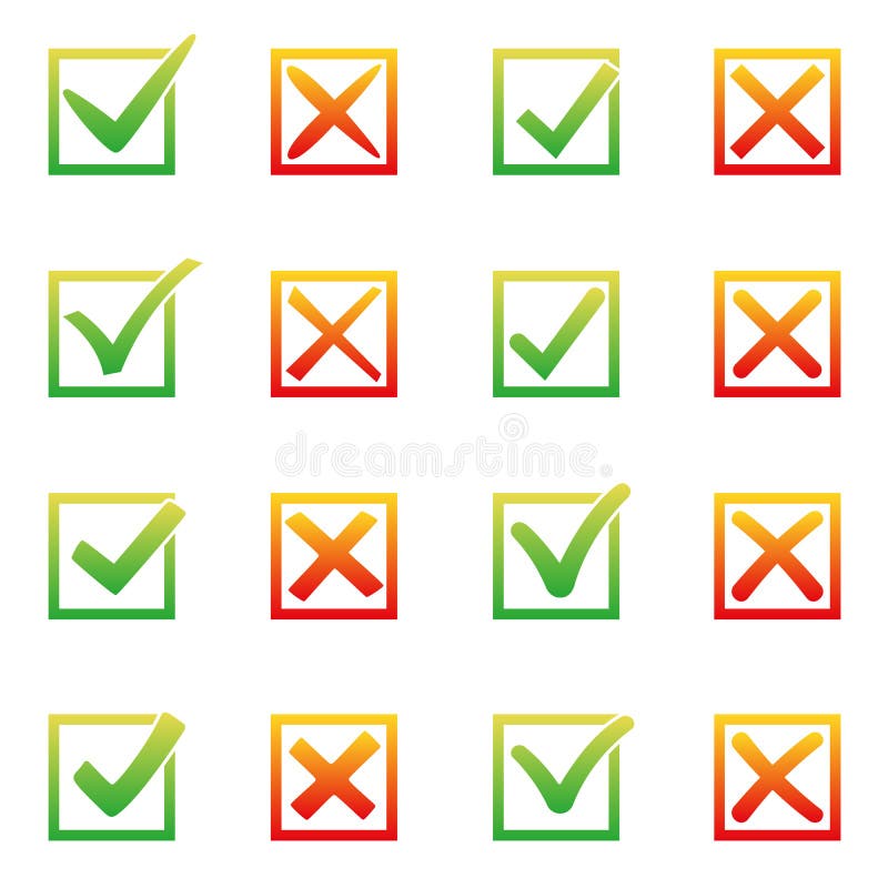 Mark X And V In Check Box. Green Hooks, Red Crosses. Yes No Icons For  Websites Or Applications, Highlight Selection. Right Wrong Signs Isolated  On White. Red Cross, Green Tick Vector Set