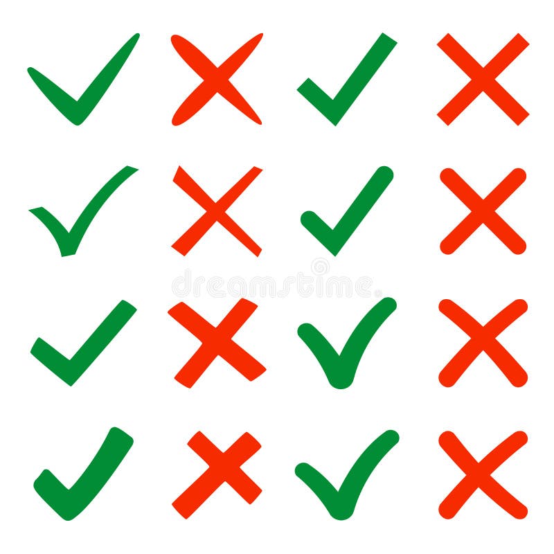 Mark X And V In Check Box. Green Hooks, Red Crosses. Yes No Icons For  Websites Or Applications, Highlight Selection. Right Wrong Signs Isolated  On White. Red Cross, Green Tick Vector Set