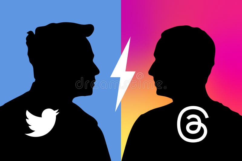 Mark zuckerberg silhouette thread instagram διαβάθμιση ουράνιο τόξο φόντο σε σχέση με το elon musk silhouette twitter blue backgro ελεύθερη απεικόνιση δικαιώματος