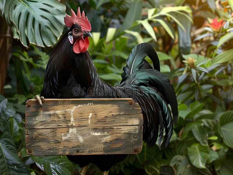 Markanter schwarzer Hahn mit rustikalem Holzschild in einer üppigen Gartenoase vektor abbildung
