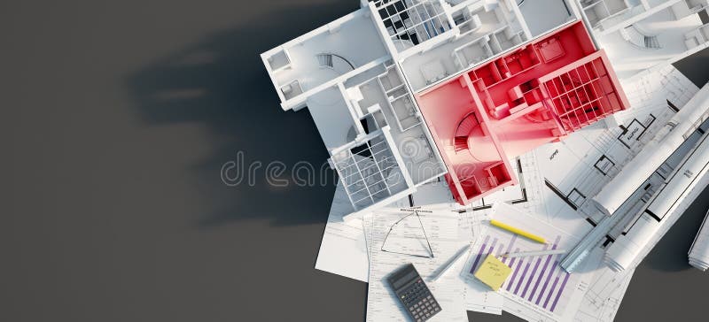 3D rendering of a mock up condo building with an apartment highlighted on top of a black surface with mortgage application form, calculator, blueprints, etc. 3D rendering of a mock up condo building with an apartment highlighted on top of a black surface with mortgage application form, calculator, blueprints, etc