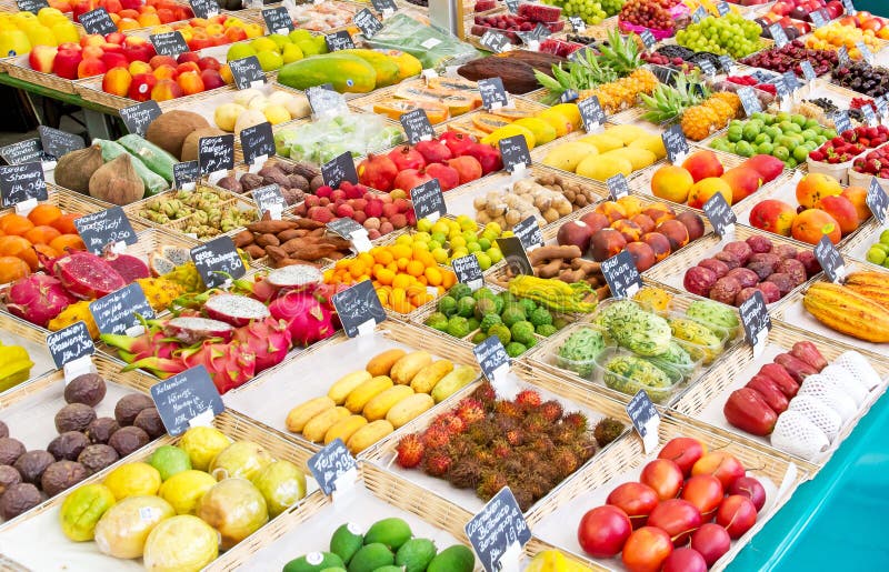 Market with colorful tropical fruits