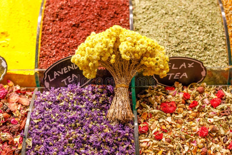 Market with Different Types of Tea , Herbs, Plants and Dried Flower