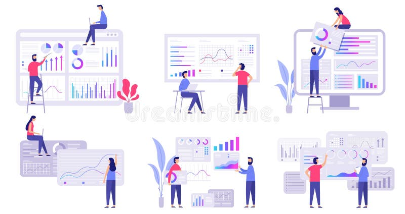 Market forecast. Trends analytics, business marketing strategy and market forecasting flat vector illustration set royalty free illustration Market forecast. Trends analytics, business marketing strategy and market forecasting flat vector illustration set royalty free illustration